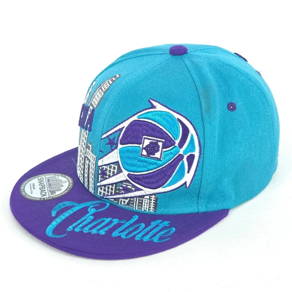 Charlotte Hornets Cityscape Embroidered Snapback Hat Teal Purple SpellOut Script